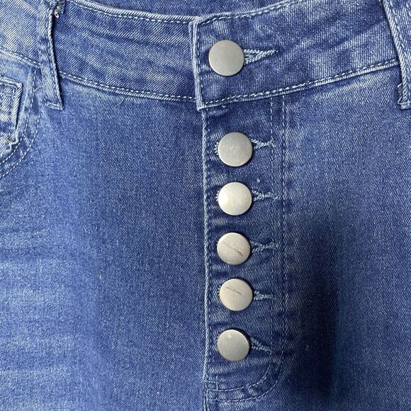 Womens Jeans Button Fly Distressed Cuffed Hem Cropped High Rise Denim Dark L - Picture 7 of 8